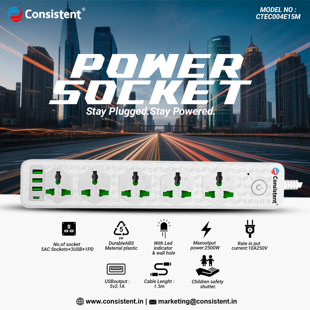 Consistent POWER SOCKET EXTENSION With 3USB+1PD 1.5m (CTEC004E15M)
