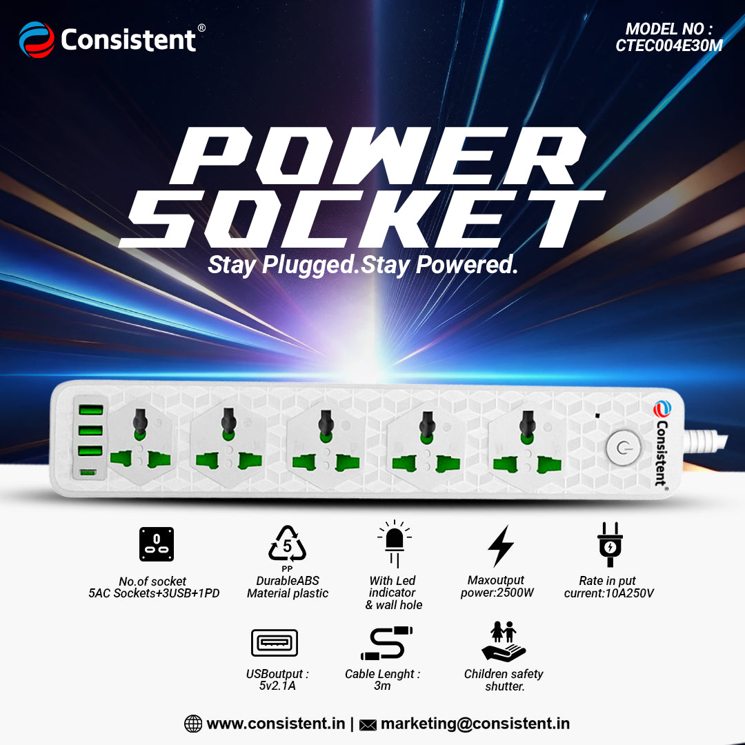 Consistent POWER SOCKET EXTENSION With 3USB+1PD 3m (CTEC004E30M)
