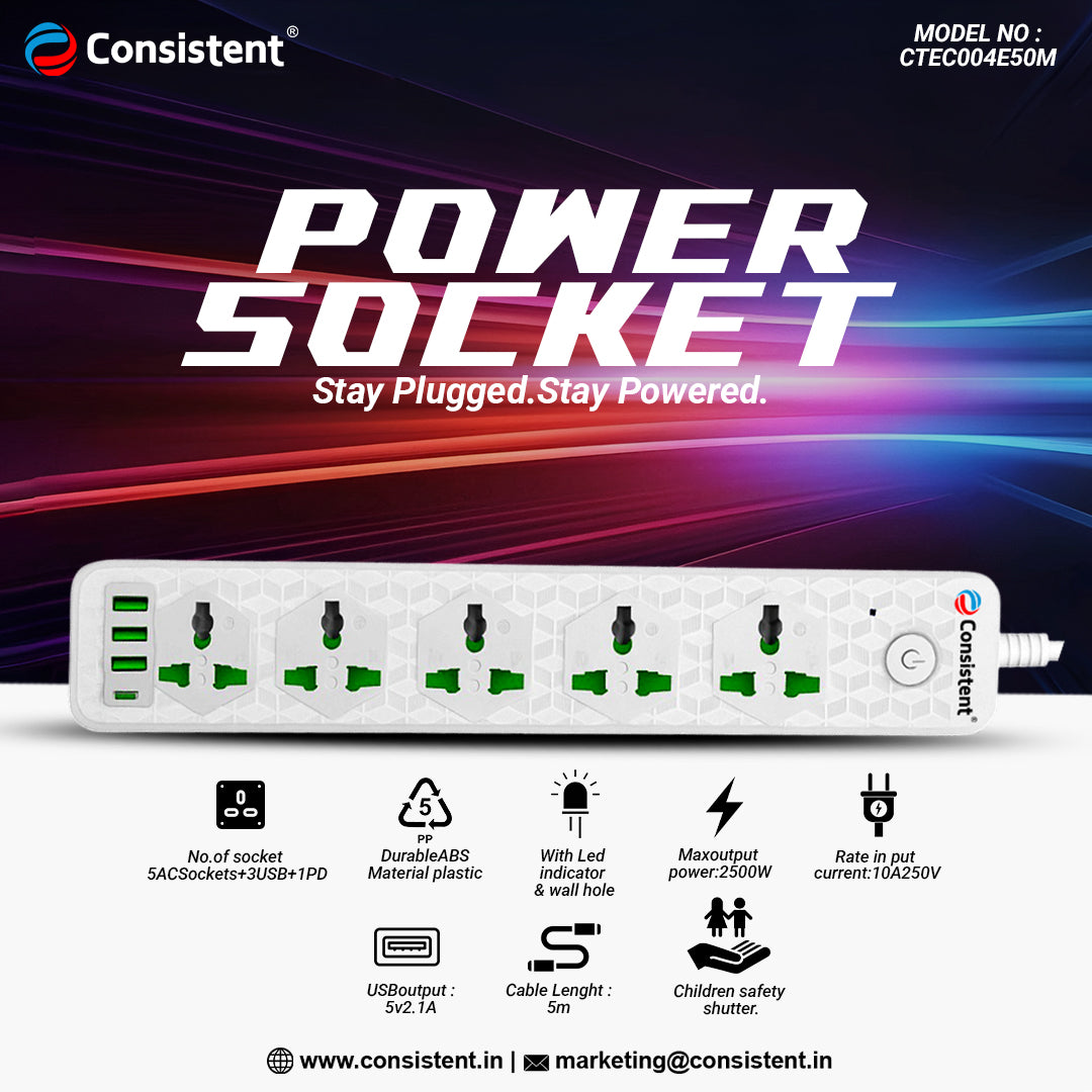 Consistent POWER SOCKET EXTENSION With 3USB+1PD 5m (CTEC004E50M)