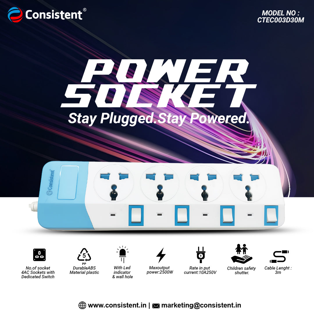 Consistent POWER SOCKET EXTENSION With 4AC Sockets 3m (CTEC003D30M)