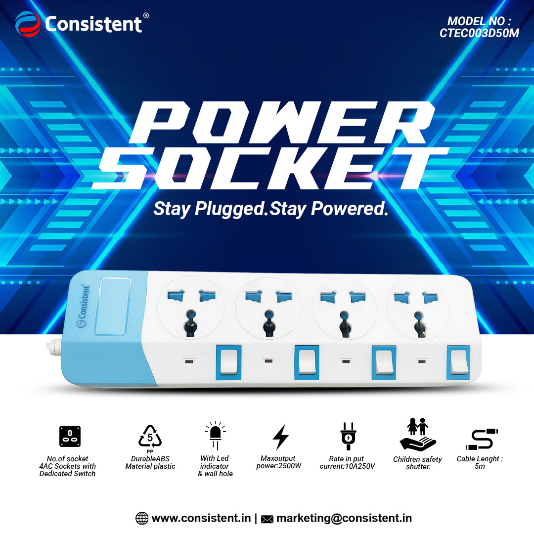 Consistent POWER SOCKET EXTENSION With 4AC Sockets 5m (CTEC003D50M)