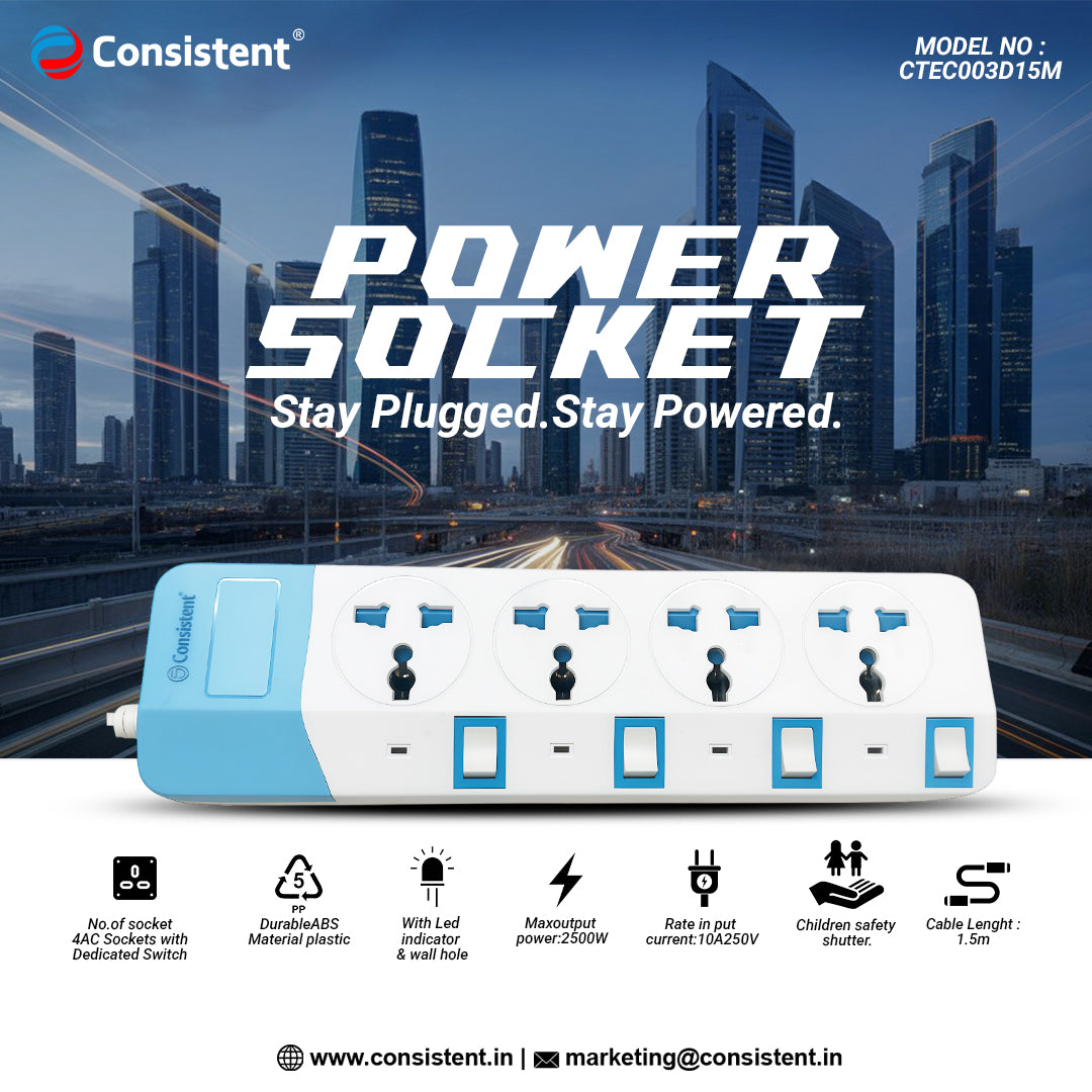 Consistent POWER SOCKET EXTENSION With 4AC Sockets 1.5m (CTEC003D15M)