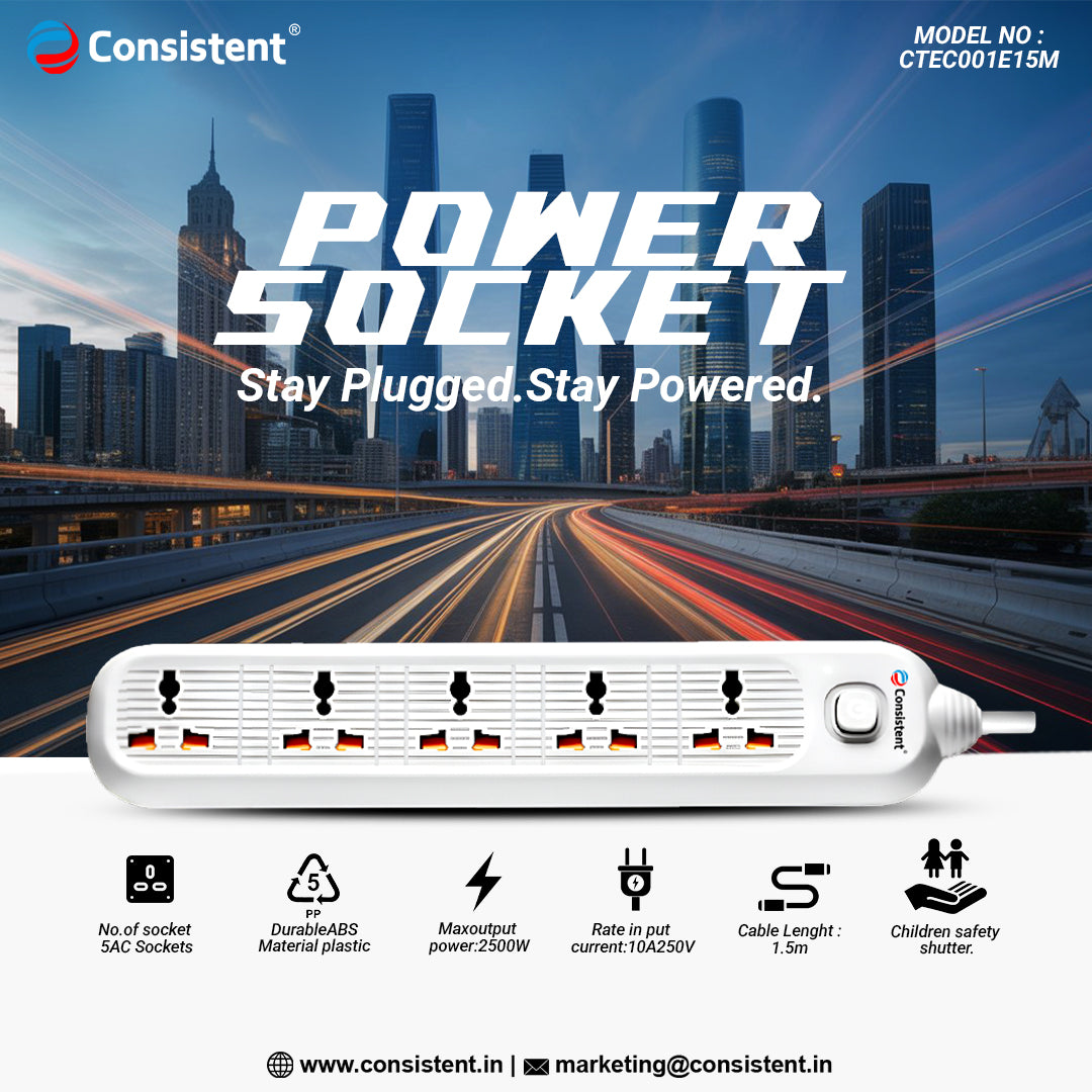 Consistent POWER SOCKET EXTENSION With 5AC Sockets 1.5m (CTEC001E15M)