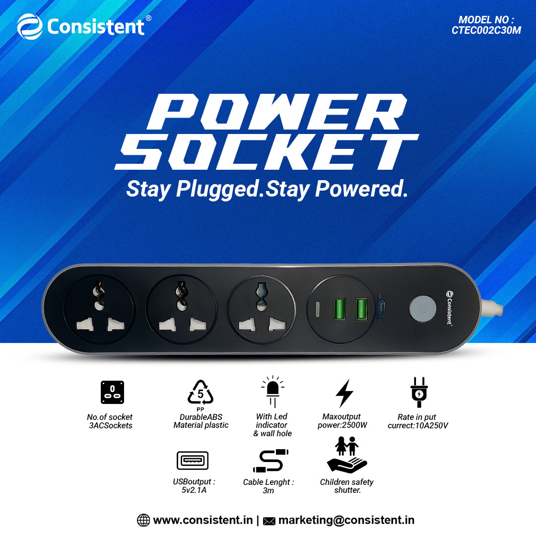 Consistent POWER SOCKET EXTENSION with 2USB + 1 PD Port 3m (CTEC002C30M)