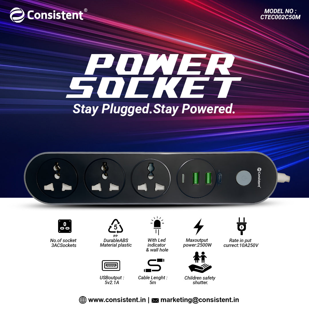 Consistent POWER SOCKET EXTENSION with 2USB + 1 PD Port 5m (CTEC002C50M)