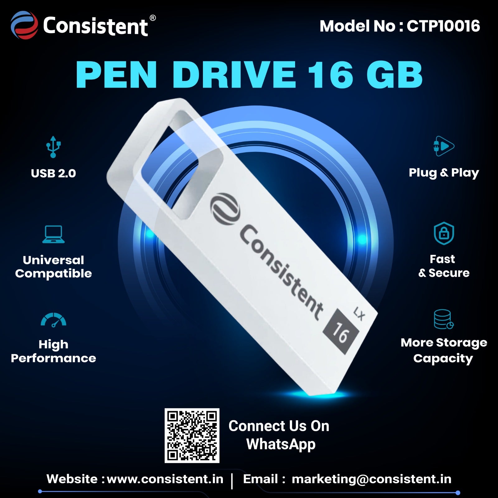 Consistent Pen Drive 16GB 2.0 (Grey) 5 year Warranty.