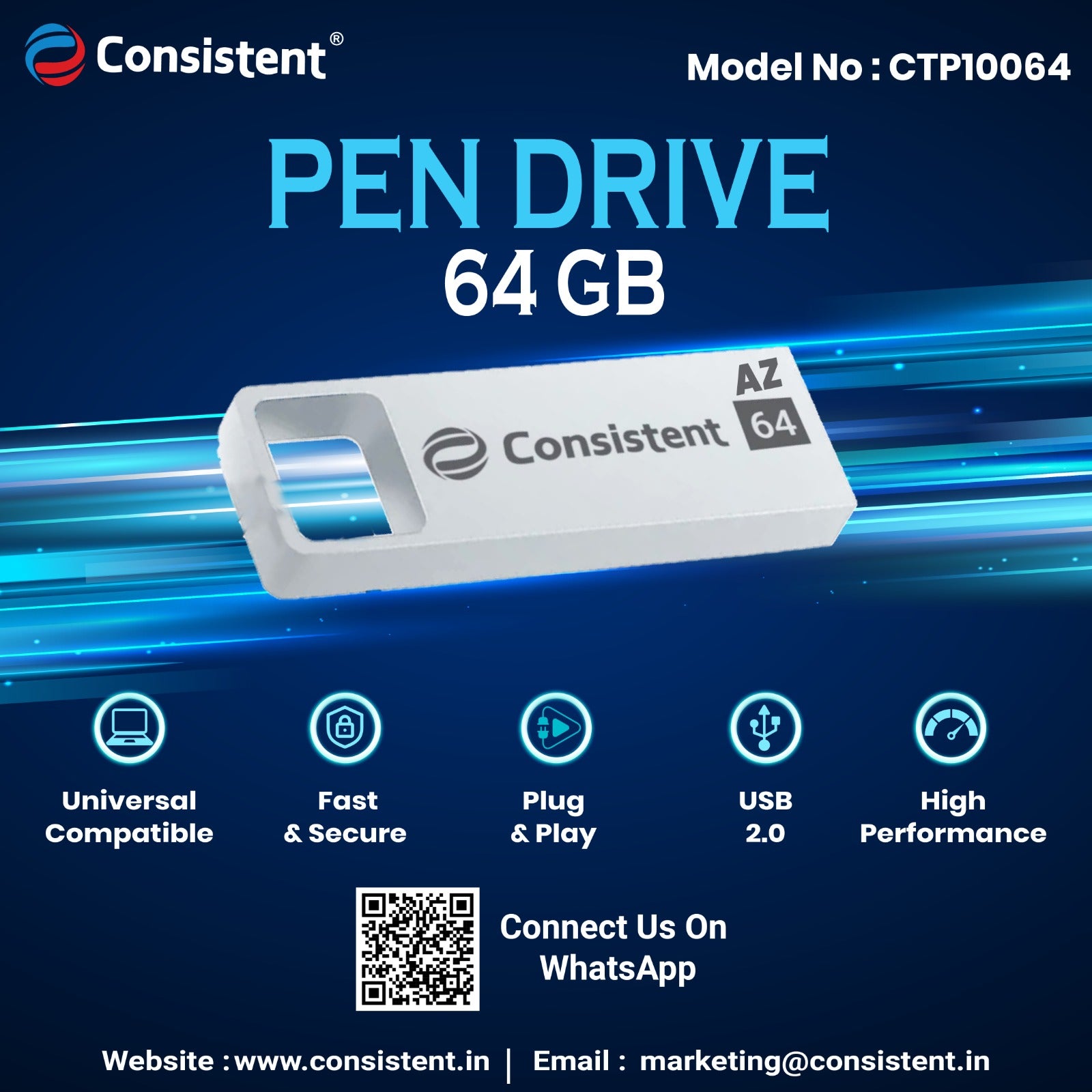 Consistent Pen Drive 64GB 2.0 (Grey) 5 year Warranty.