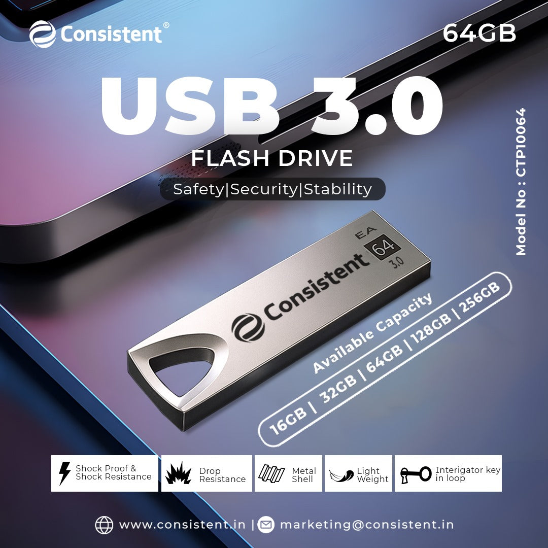 Consistent Pen Drive 64GB 3.0 (Grey) 5 year Warranty.