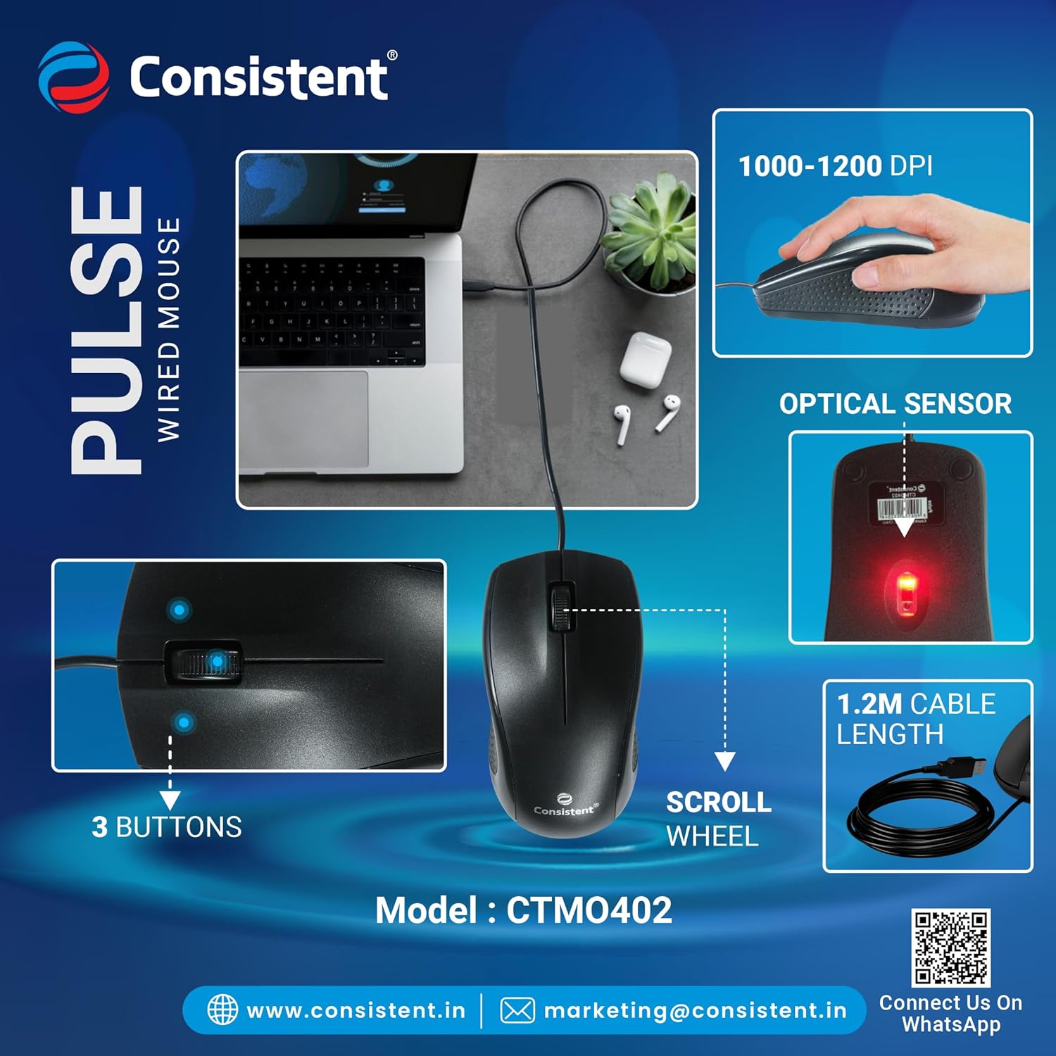 Consistent Pulse Wired Mouse for Desktop and Laptop | 1000-1200 DPI | Ergonomic Design