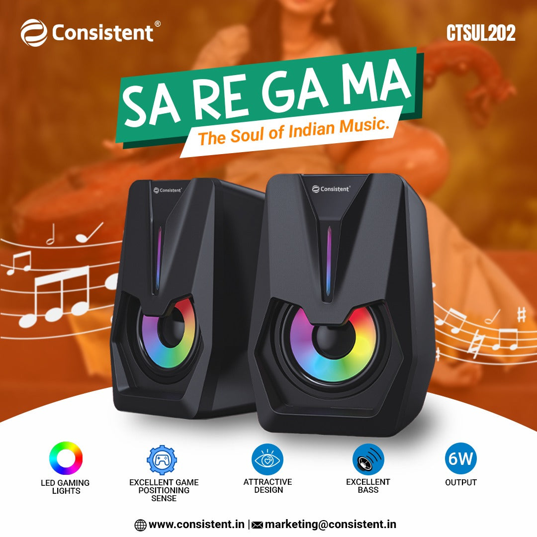 Consistent SA RE GA MA Desktop Computer Speakers, 2.0 Channel, USB Powered, RGB Lighting, Black