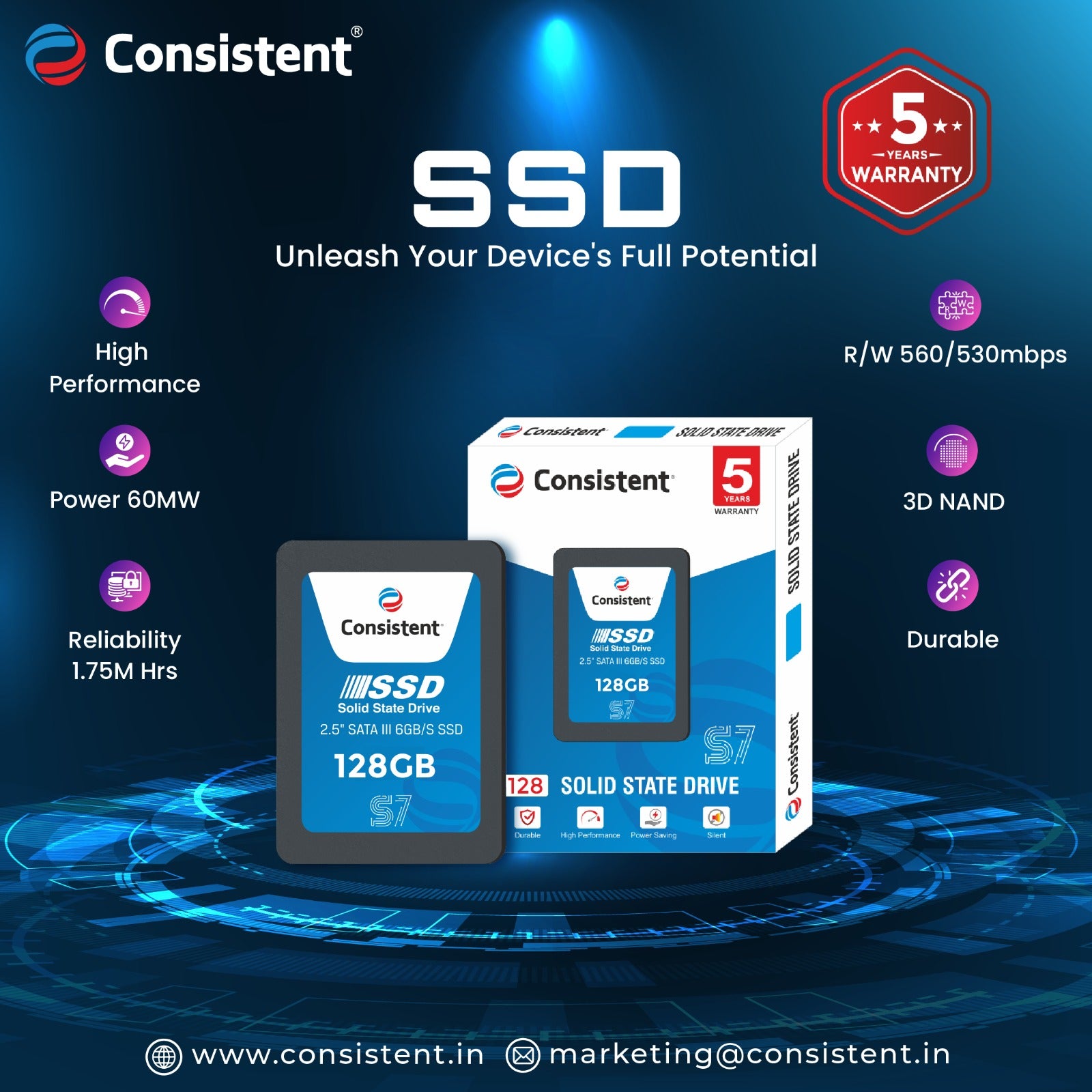 Consistent SSD 128GB 2.5 Inch SATA Internal SSD - Up to Read: 550MB/s & Write: 500MB/s - Solid-State Drive 5 Year Warranty