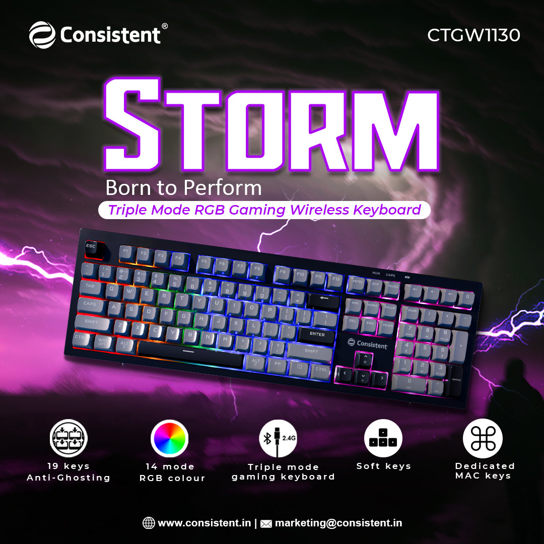 Consistent STORM Gaming Triple Mode Wireless RGB & MAC Support Keyboard for Windows, USB Plug-and-Play, Keystrokes, RGB lighting, Stylish Slim Design, 19 keys Anit-Ghosting.