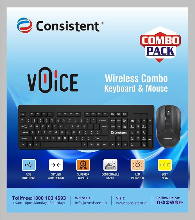 Consistent Voice Wireless Keyboard and Mouse (CMW401) Keyboard 2.4 GHz & Bluetooth 5.0 Connectivity, Noiseless Experience, Compact Size, Shortcut Keys Function.