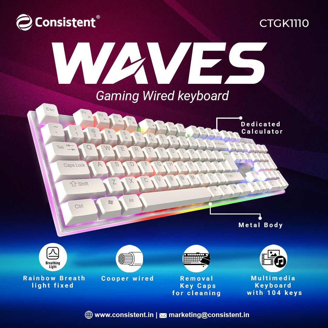 Consistent Waves Gaming Wired & Mac Support Keyboard, USB Plug-and-Play, Keystrokes, Copper Wired, Stylish Slim Design, 1.5m Cable Length.