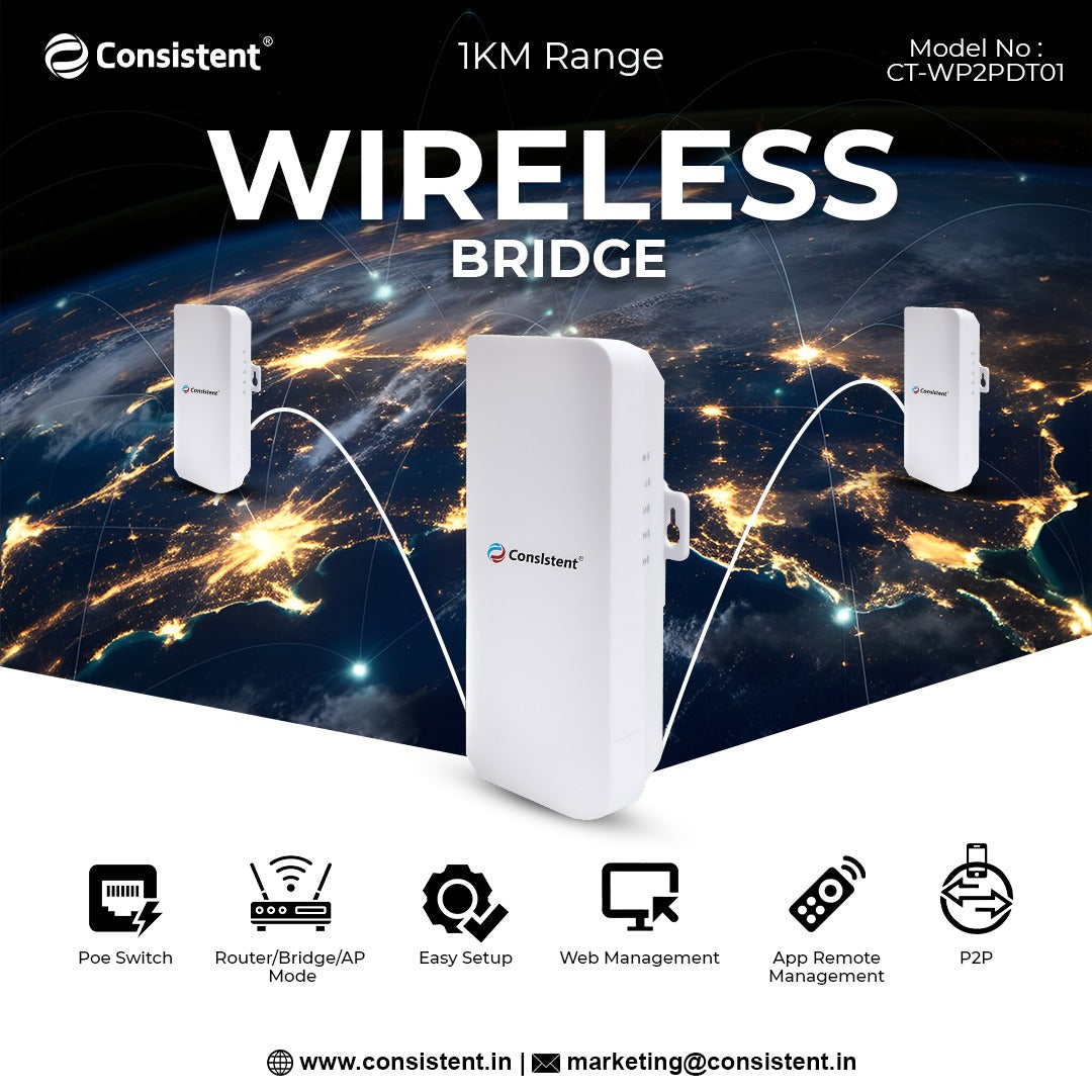 Consistent Wireless Bridge 2.4GHz, 1Km Range Long Range Outdoor CPE for PtP and PtMP Transmission | Point to Point Wireless Bridge | 6dBi, 1km+ | Passive PoE Powered w/Free PoE Injector | White | Pair Set