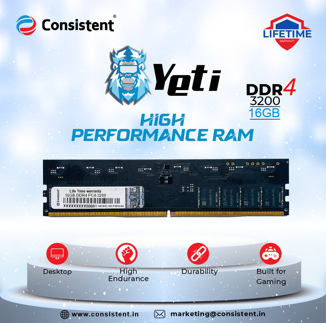 Consistent Yeti 16GB DDR4 Desktop RAM,3200MHz 'Reduce power consumption by up to 40% and extend battery life 3 Years Replacement Warranty