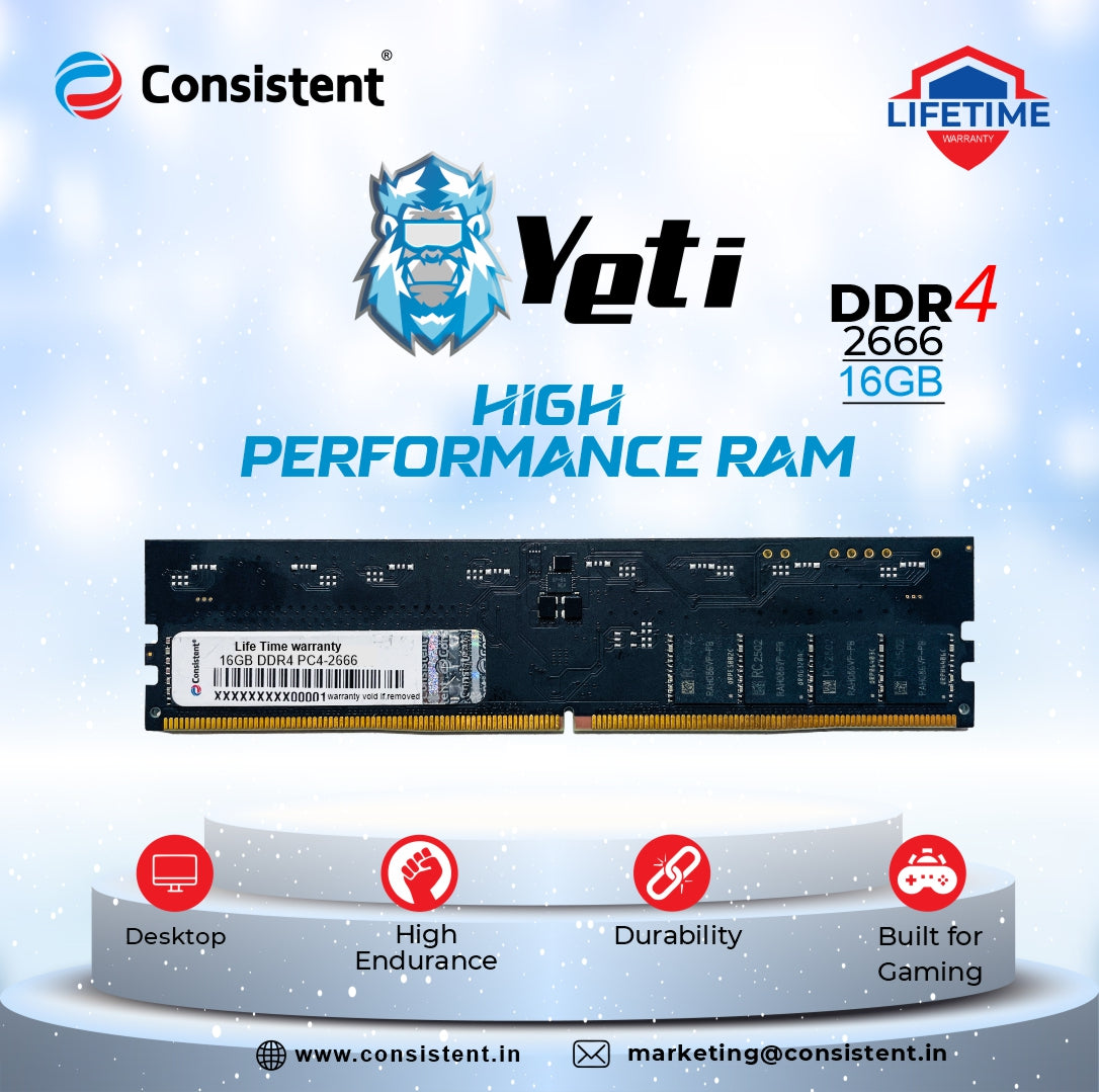 Consistent Yeti 16GB DDR4 Desktop RAM 2666 MHz 'Reduce power consumption by up to 40% and extend battery life 3 Years Replacement Warranty.
