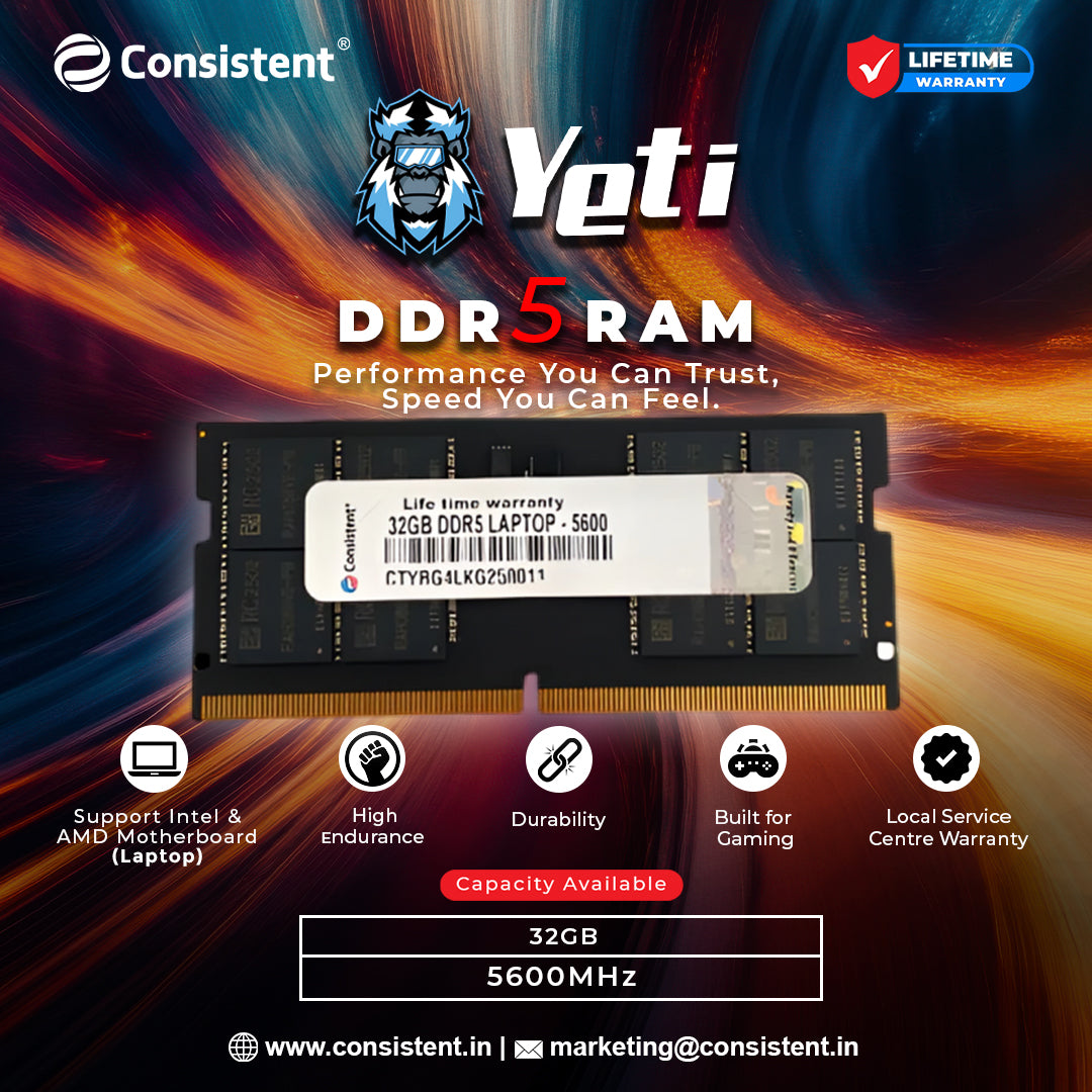 Consistent Yeti 32GB DDR5 Laptop RAM,5600MHz reduce power consumption by up to 40% and extend battery life, Life Time Warranty.