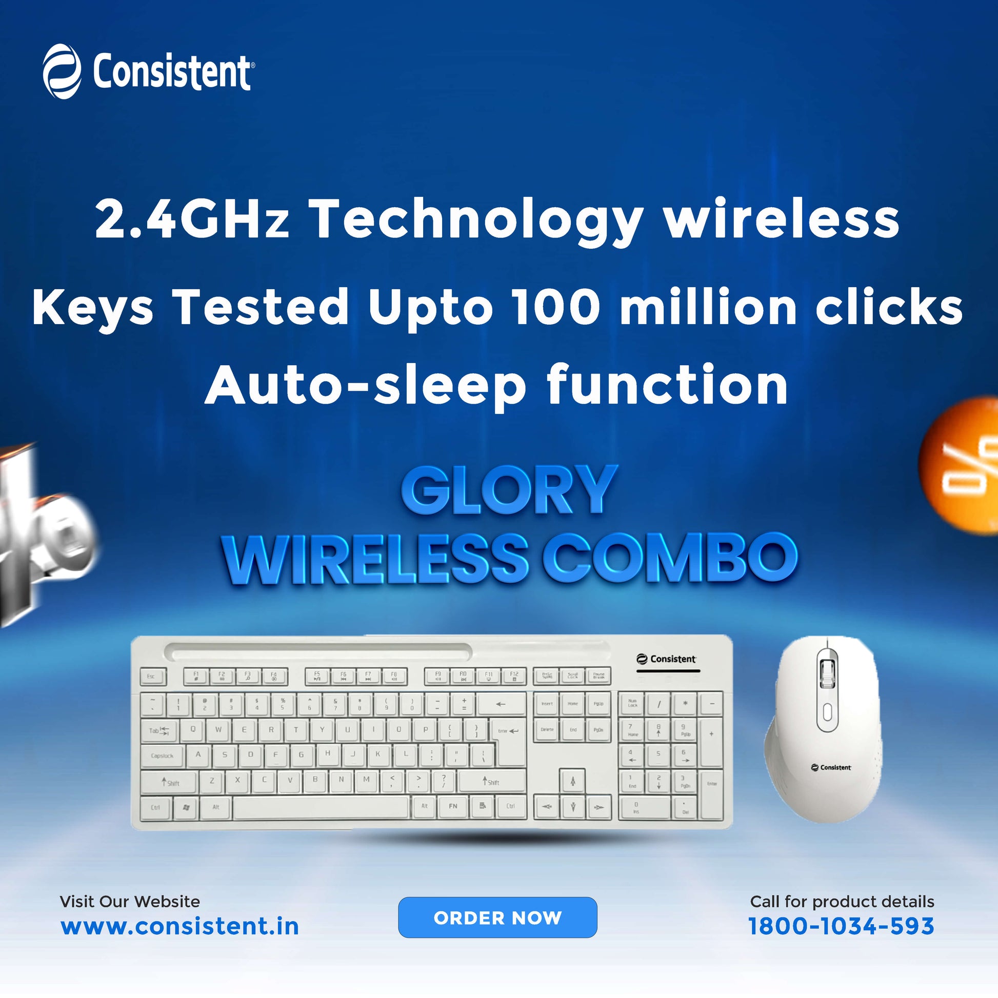 Glory Wireless Keyboard with Mouse (CMW402) with 2.4 GHz USB Receiver, 10m Working Range, 12 Shortcut Keys, Adjustable DPI(White)