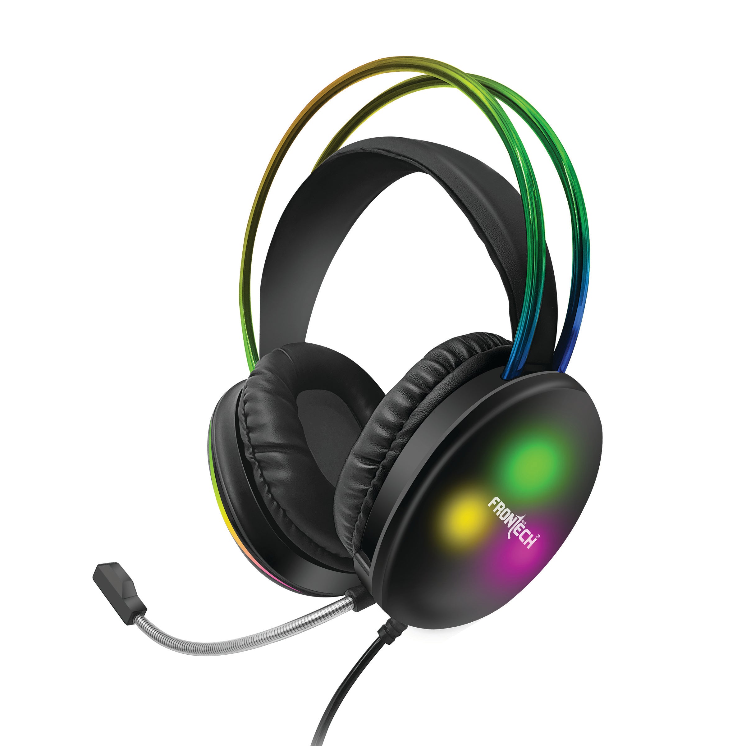 Frontech Gaming Headset with RGB Lights | 50mm Driver | Noise-Cancelling Mic | Volume Control | 3.5mm + USB for RGB | Soft Cushions (HF-0015)