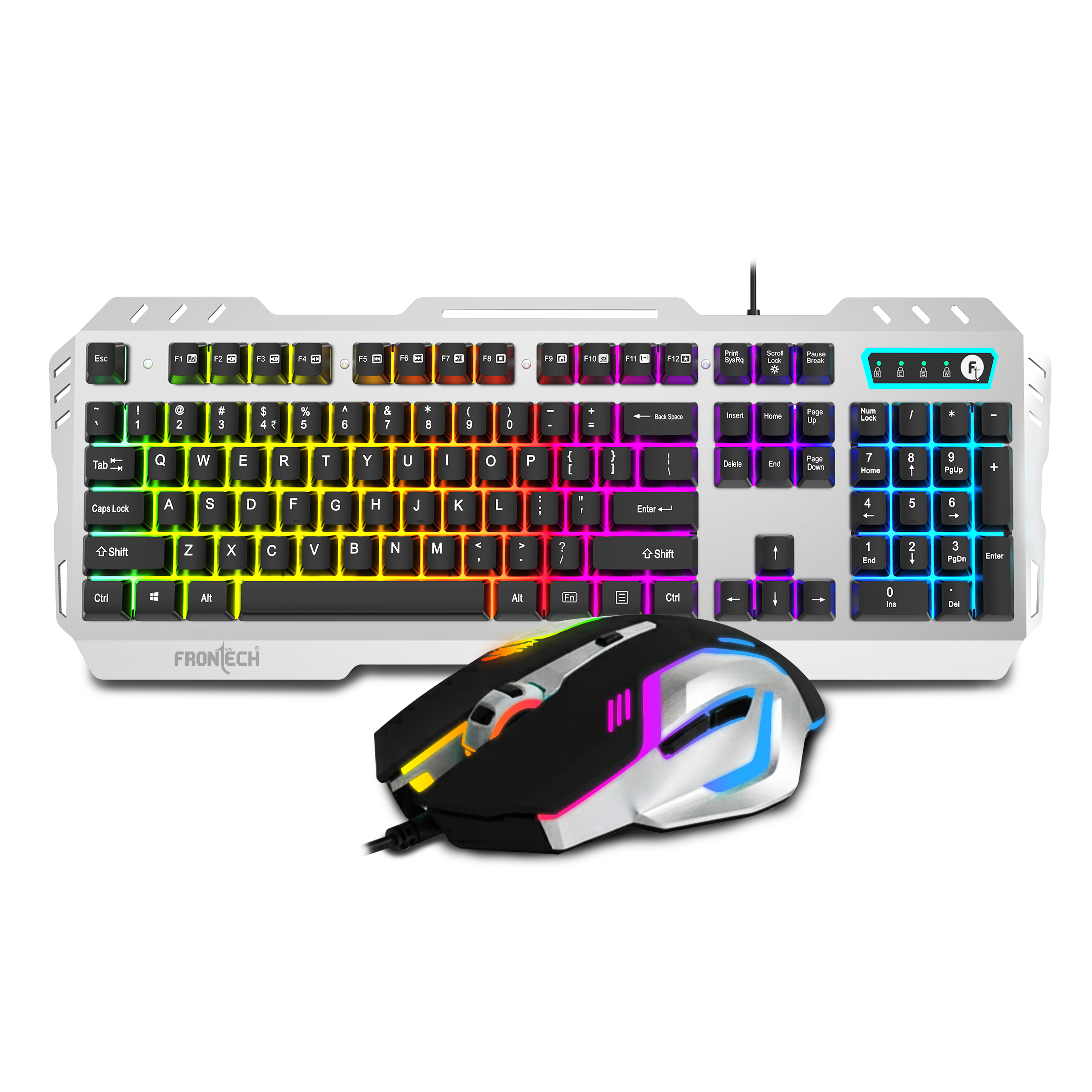 Frontech Metal Warrior Gaming Combo | Rainbow Backlit Aluminium Keyboard with 19 Anti-Ghosting Keys | 7200 DPI Adjustable Optical Mouse | Ergonomic Design | 1-Year Warranty