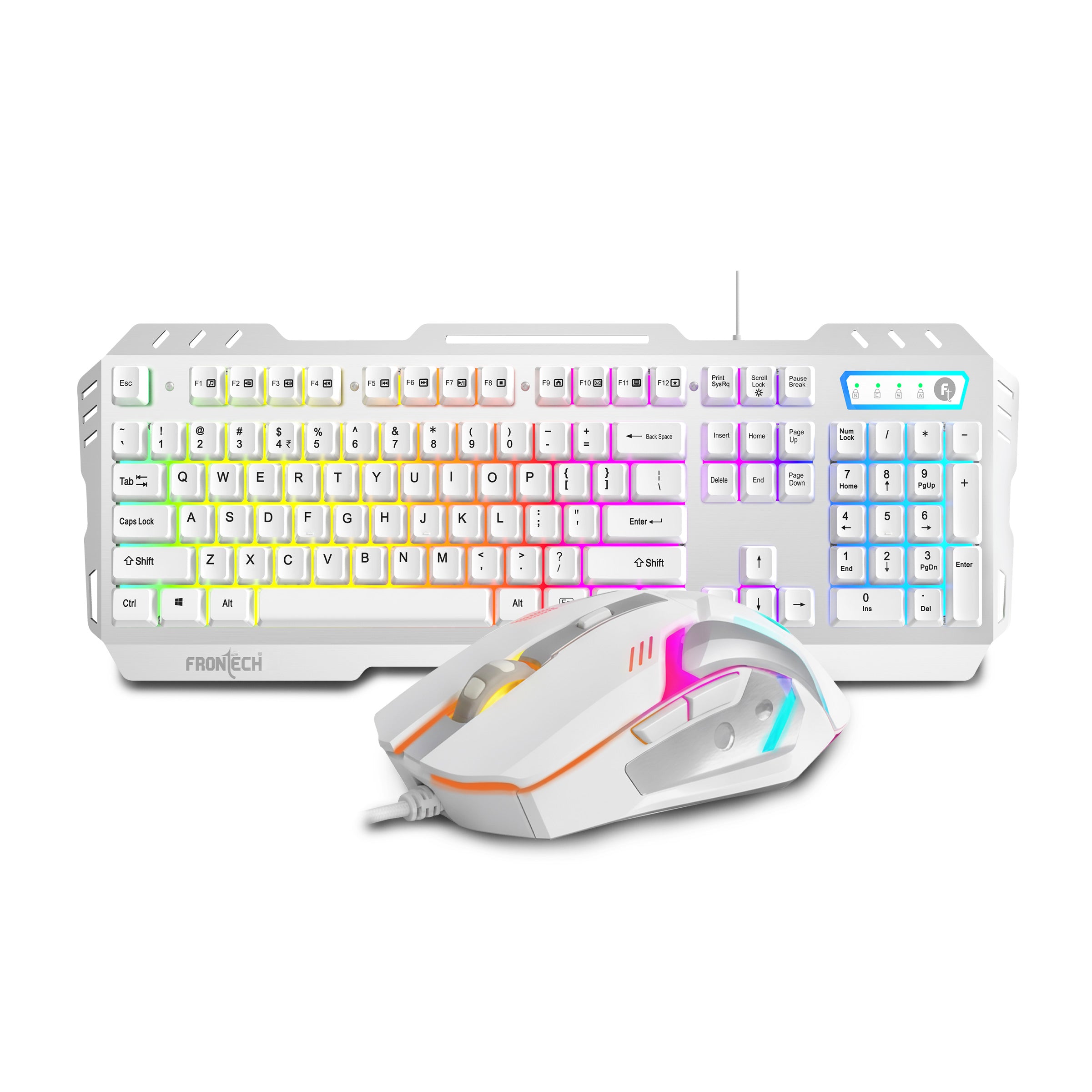 Frontech Metal Warrior Gaming Combo| Rainbow Backlit Aluminium Keyboard with 19 Anti-Ghosting Keys | 7200 DPI Adjustable Optical Mouse | Ergonomic Design | 1-Year Warranty