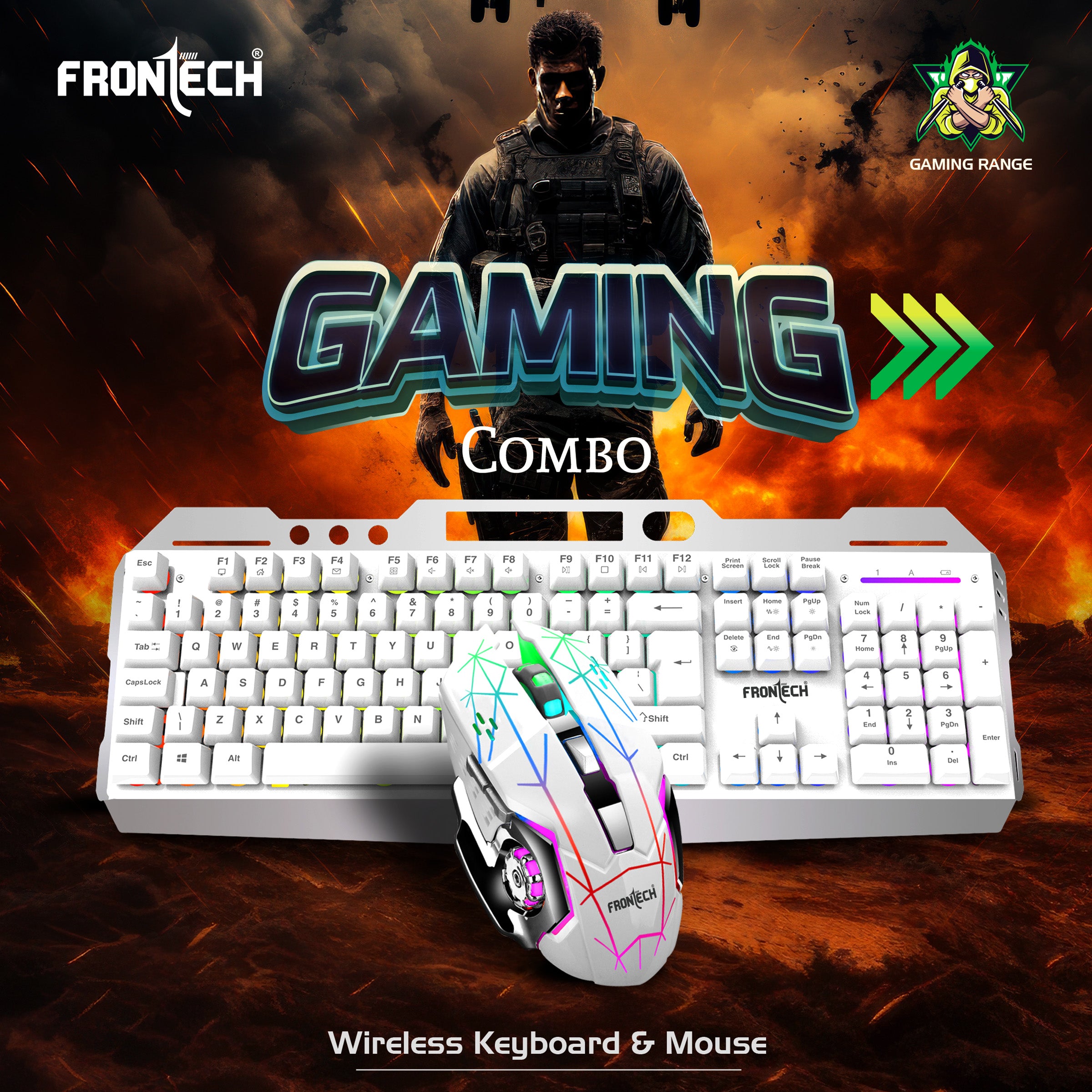 Frontech Wireless Gaming Keyboard & Mouse Combo|104 Keys Layout|2.4GHz|4800 DPI|6 button wireless optical mouse| Rechargeable Battery|1 Year Warranty