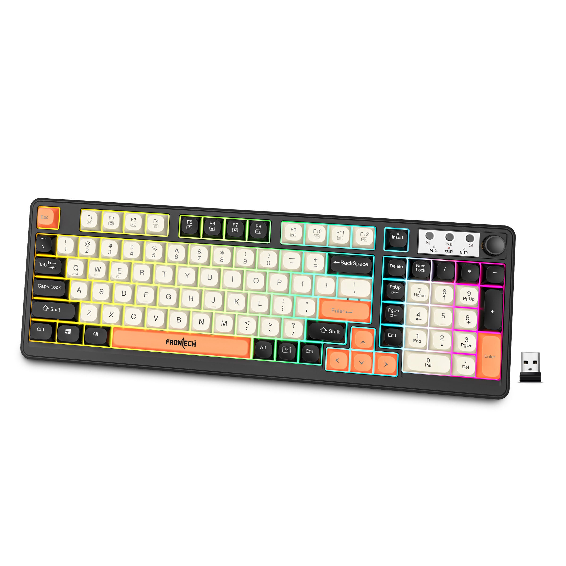 Frontech KB-0026P Wireless Gaming Keyboard | 98 Keys Layout | 19 Anti-Ghosting Keys | Dual Wireless 2.4GHz & Bluetooth 5.1 | Rainbow Backlight | 2000mAh Battery | Audio Control Knob | Type-C Charging | 1 Year Warranty