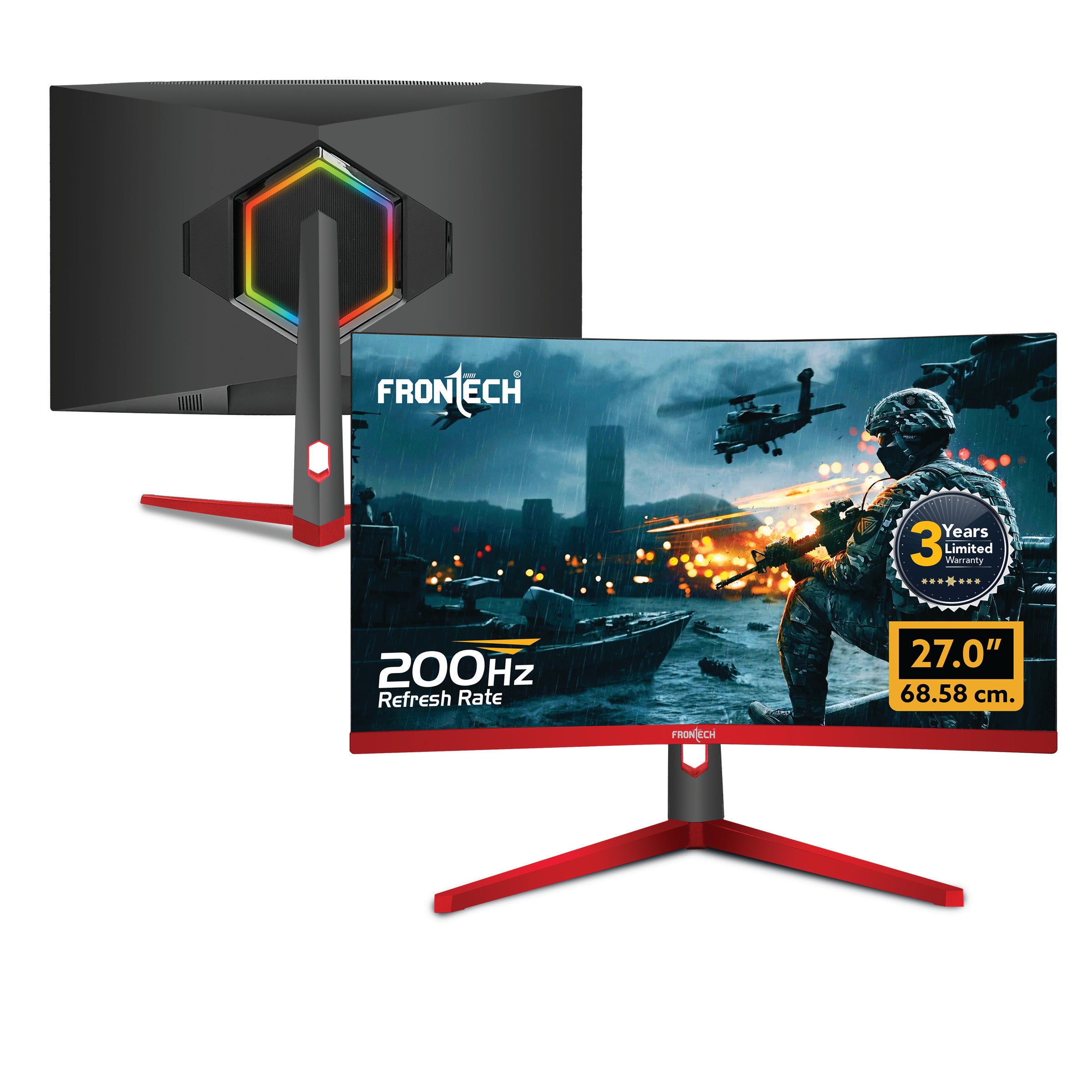 Frontech 27 inch Curved Gaming Monitor | 200Hz | 1920x1080 | RGB | Wall Mountable | HDMI & DP | 1ms Response Time | Built-in Speakers | 3 Years Warranty