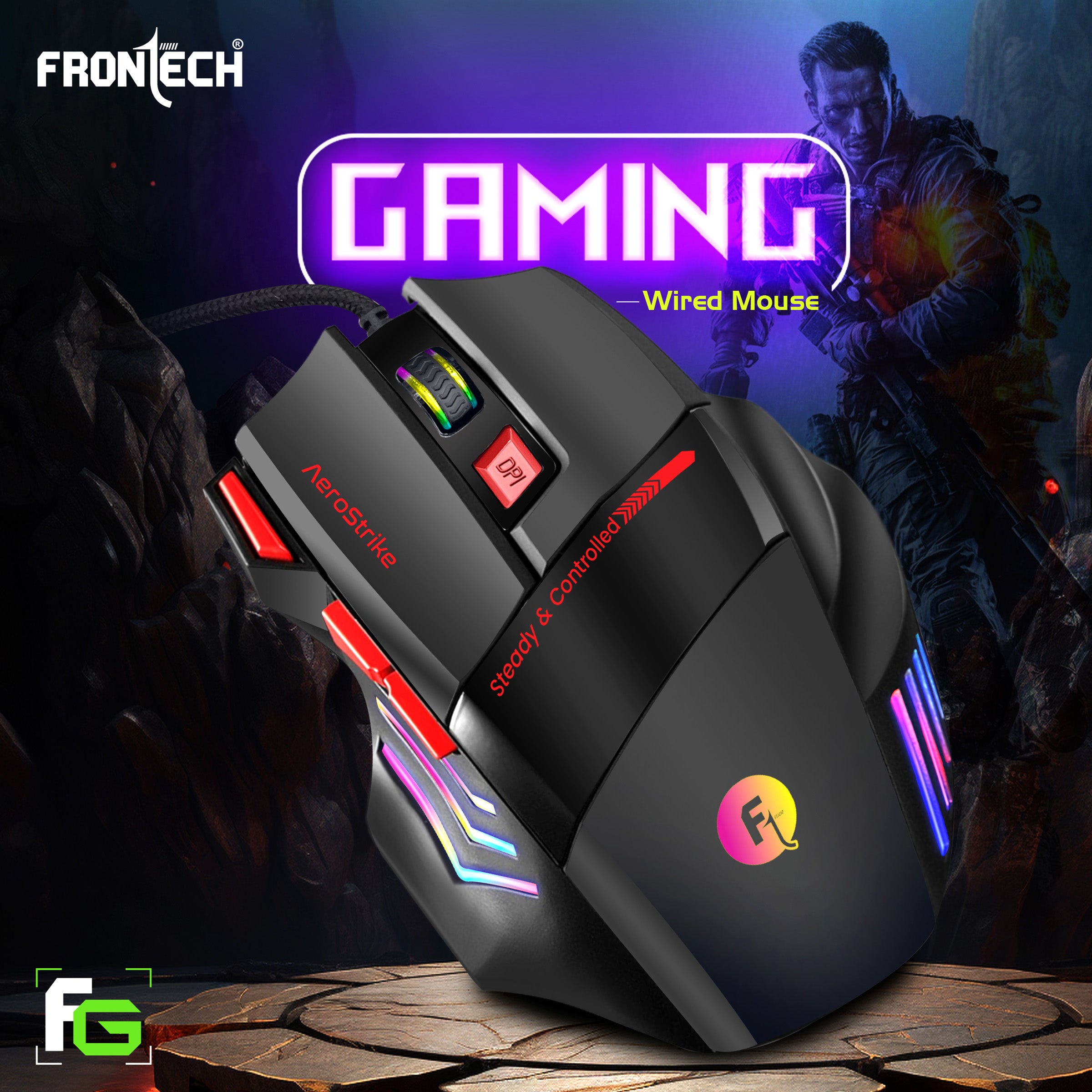 Frontech Wired RGB Gaming Mouse|USB Plug & Play|1.5m Braided Cable|7200 DPI|7 Buttons Mouse| Ergonomic Design|1 Year Warranty
