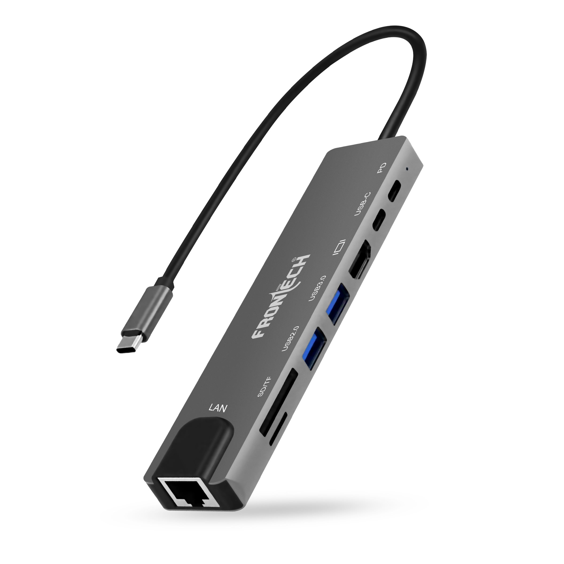 Frontech 8-in-1 USB-C Hub Docking Station | 4K HDMI, LAN 100Mbps, PD 100W, USB 3.0 & 2.0, SD/TF Card Reader | Aluminium Alloy Compact Hub (NC-0059)