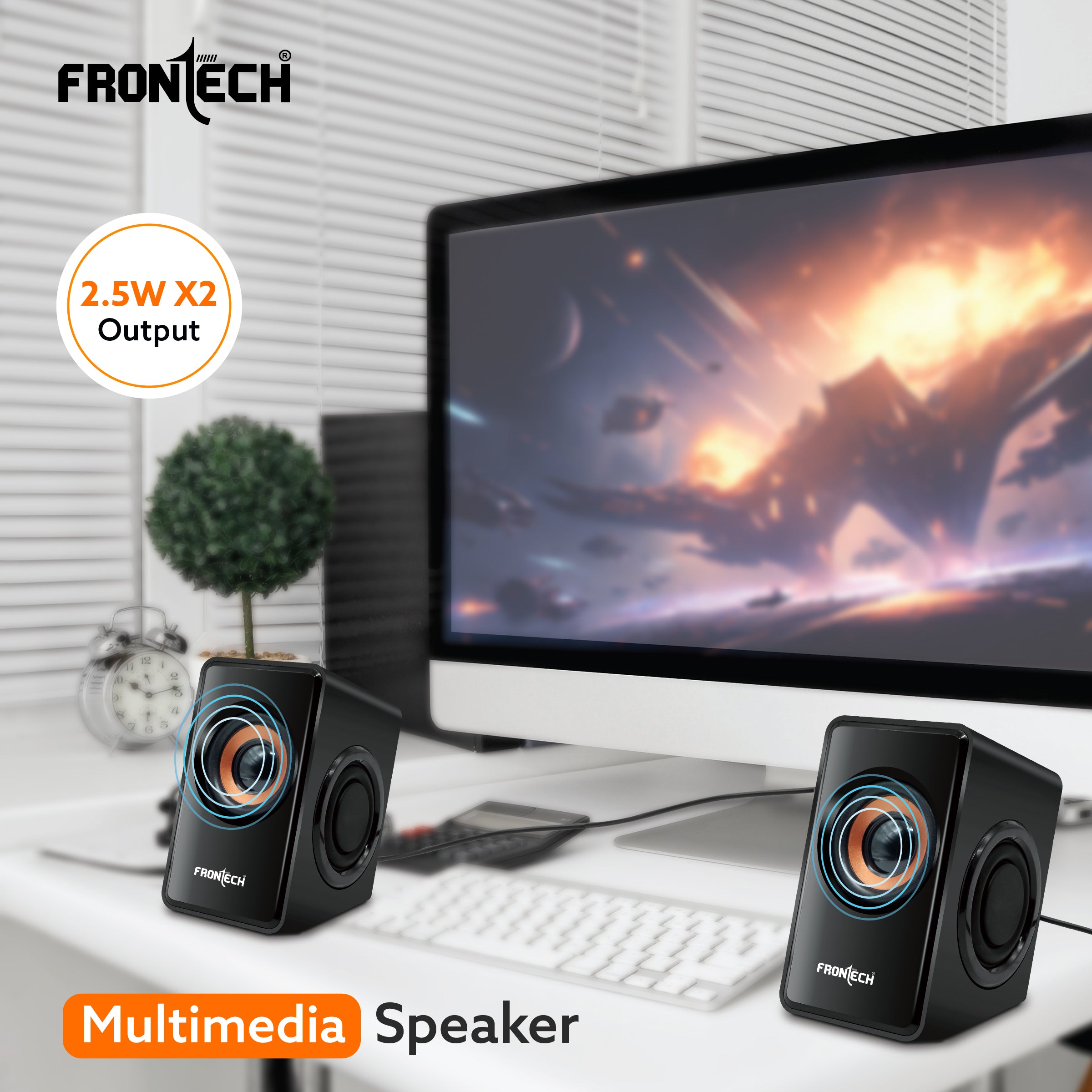 Frontech 2.0 USB PC Speakers | 2x2.5W Drivers (5cm) | 3.5mm Jack | For Laptop, PC, TV & Mobile (SPK-0001)