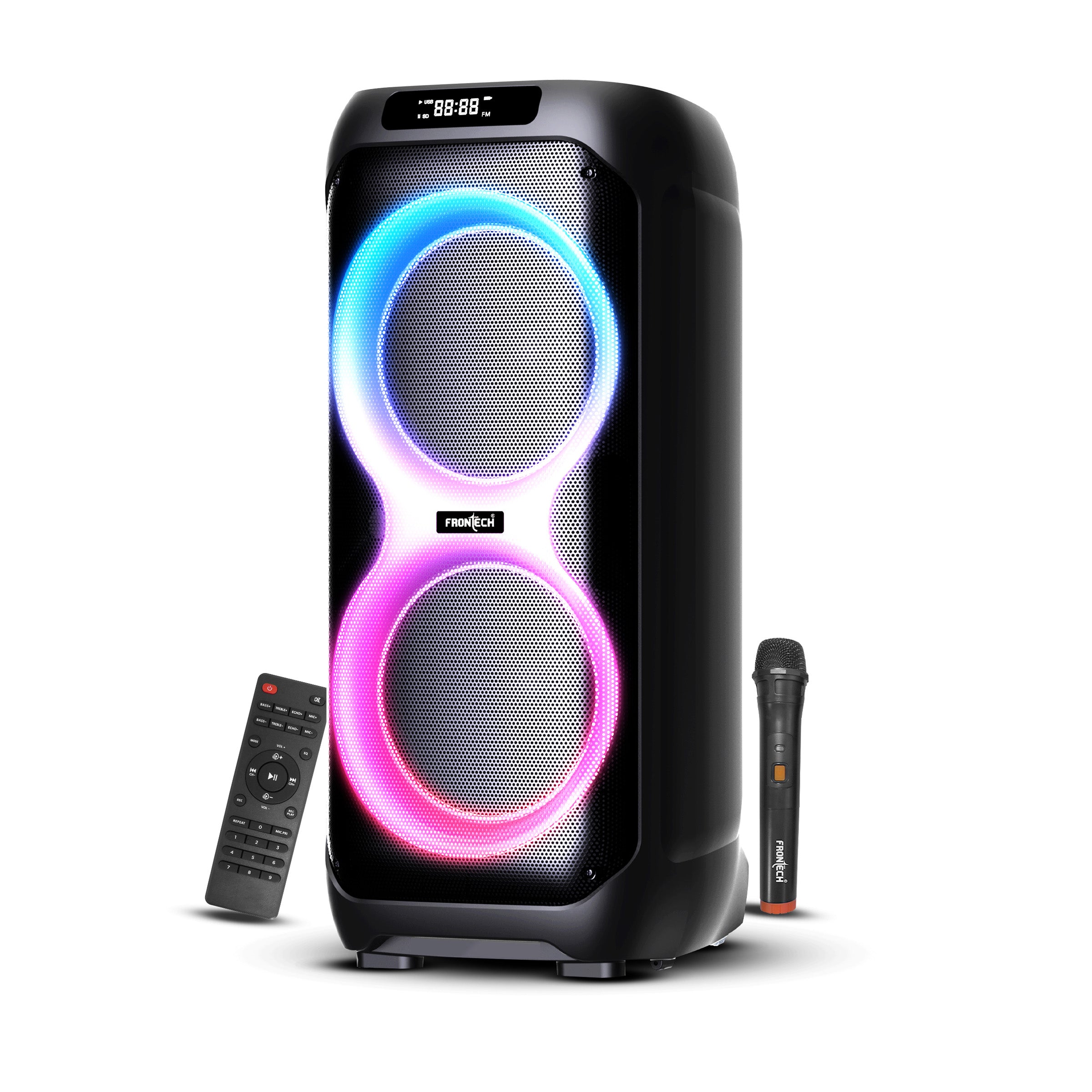 Frontech SMASH PRO-22P 100W Portable Party Speaker | True Wireless| Karaoke Function with Wireless Mic | RGB LED Disco Lighting | Bluetooth 5.0 | FM Radio| USB, TF, AUX| 1 Year Limited Warranty (SW-0022P)