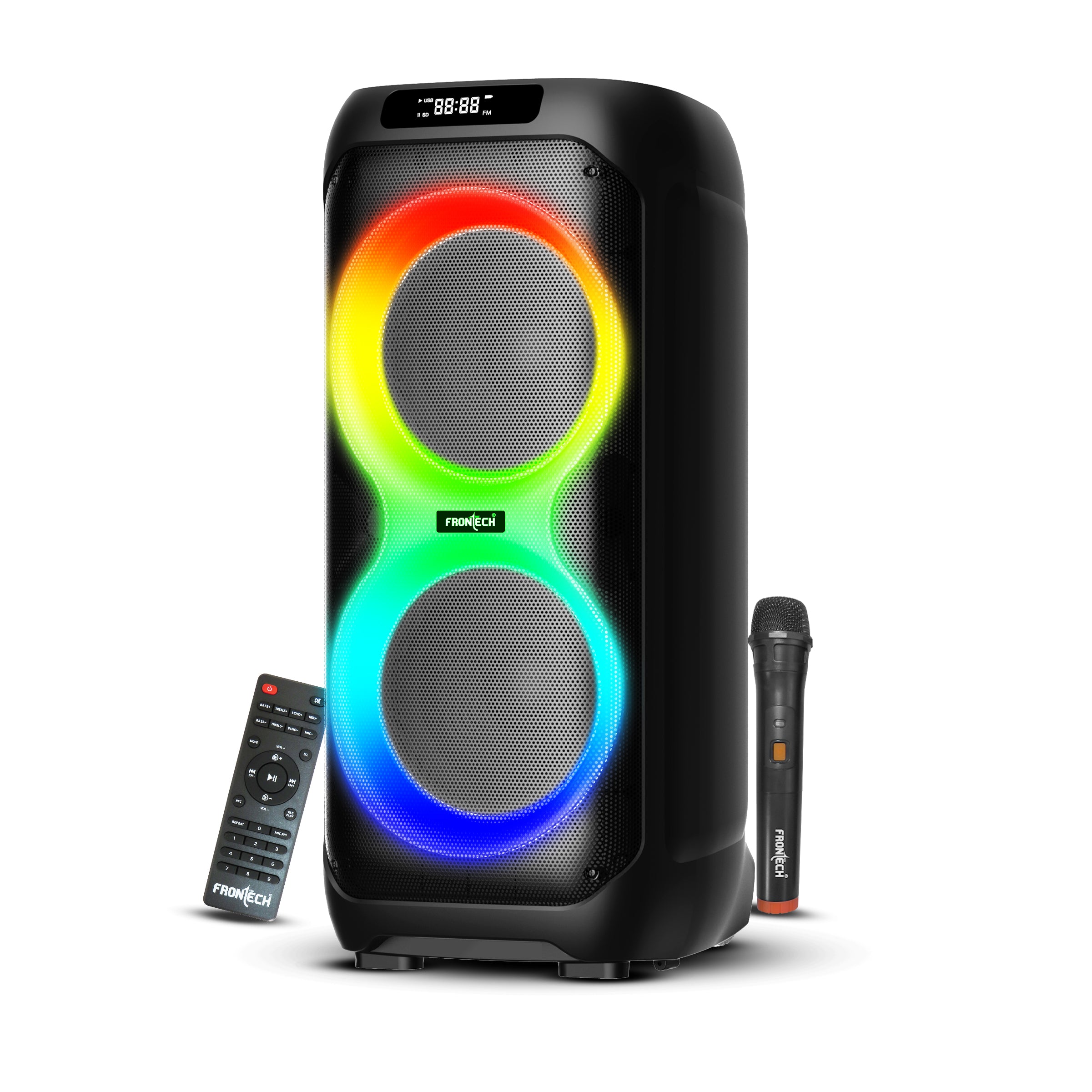 Frontech Smash PRO-95P Multimedia Bluetooth Speaker | 150W Output | RGB Lights | Wireless Mic & Karaoke | Dual 10" Woofers | AUX, USB, TF Card, FM Radio | BT 5.0 | Portable Design | TWS | (SW-0095P)