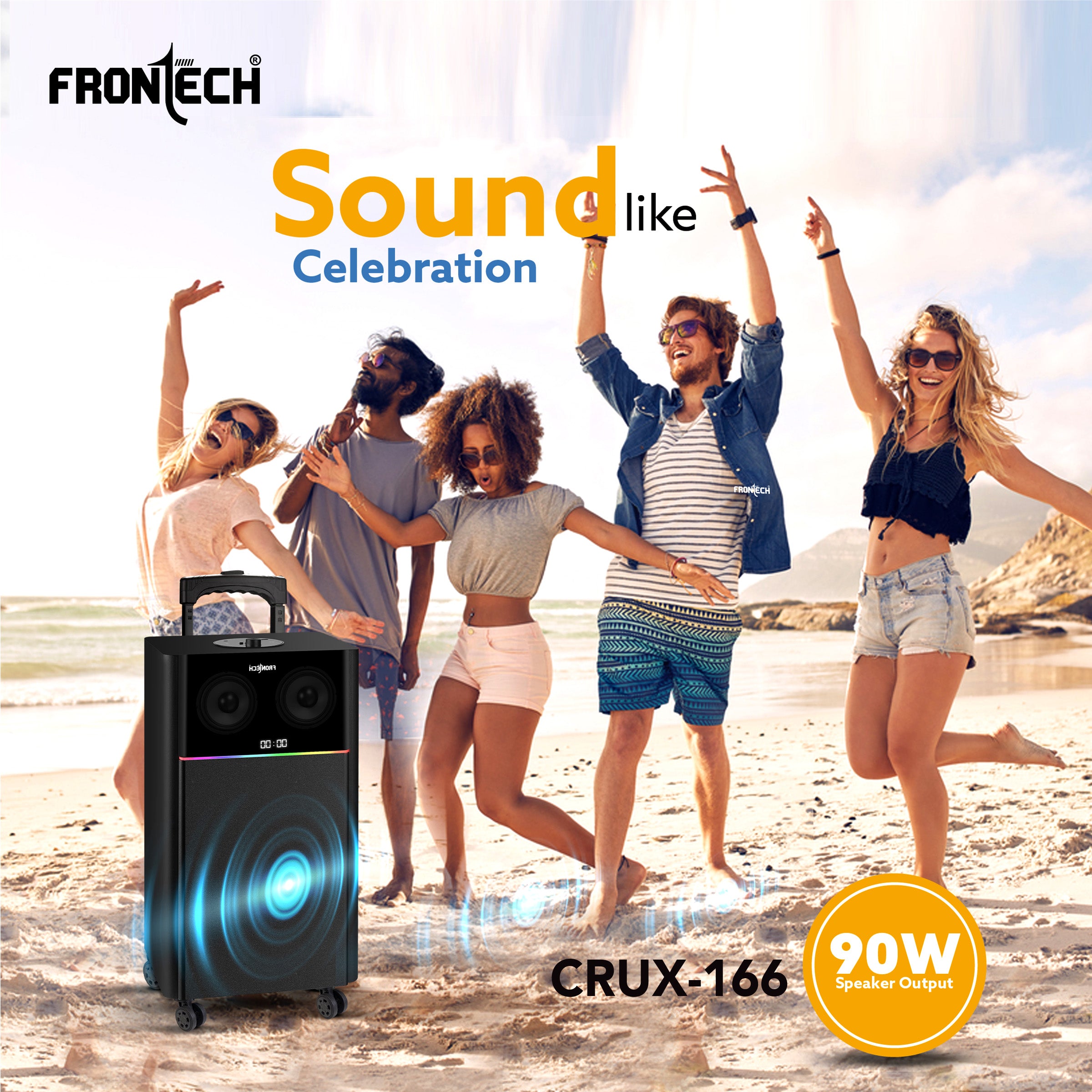 Frontech CRUX-166 | 90W | Tower Speaker with Bluetooth 5.0 | Wired Microphone for Karaoke | FM Radio | USB/AUX/TF Card Support | Portable Trolley Design with Wheels & Handle | LED Display (SW-0166)