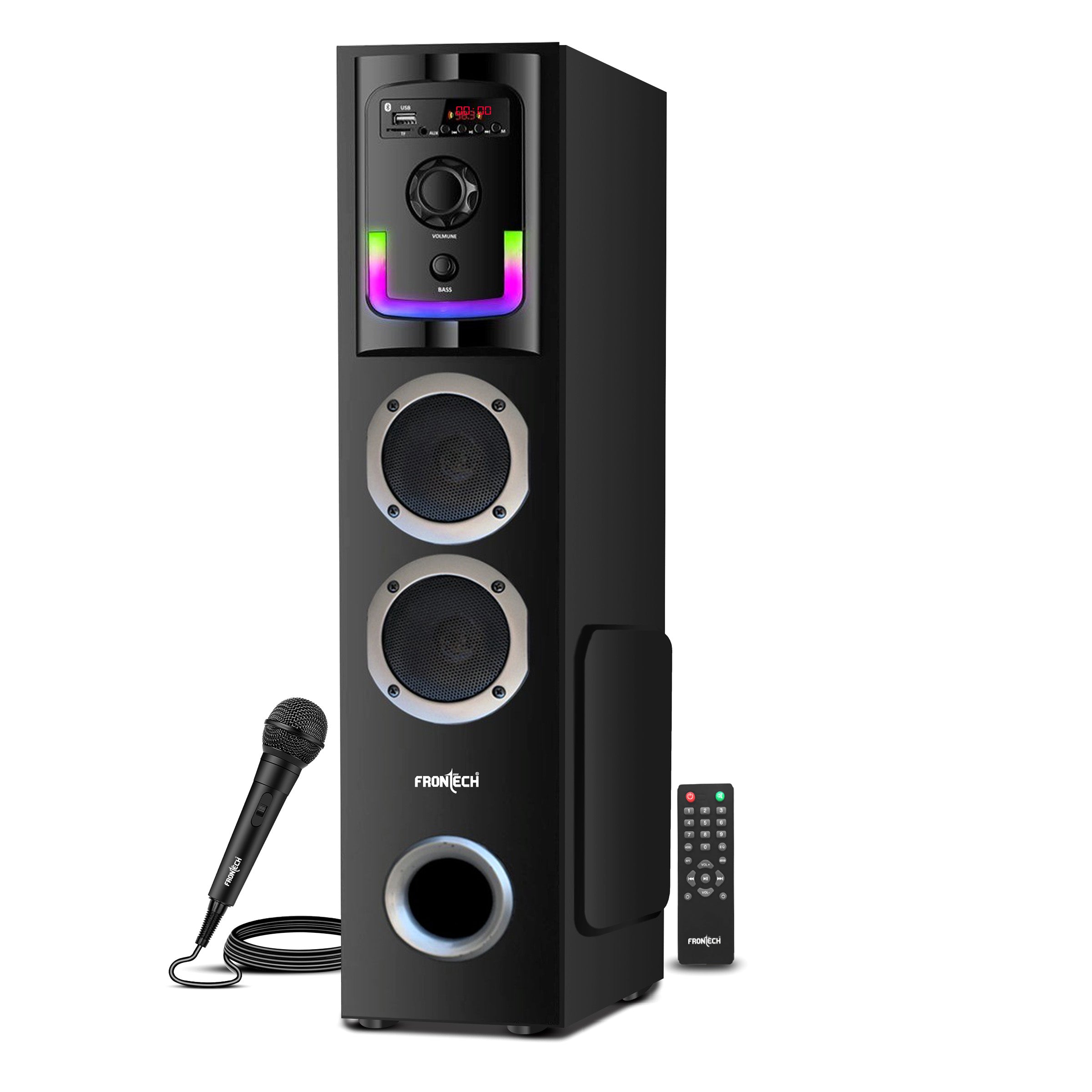 Frontech CRUX-167 60W Bluetooth Tower Speaker|1.0 Tower design | Wired Mic | RGB Lighting | Remote Control | Built-in FM Radio| BT Connectivity | USB | Karaoke, TV, PC & Smartphone Compatible (SW-0167)