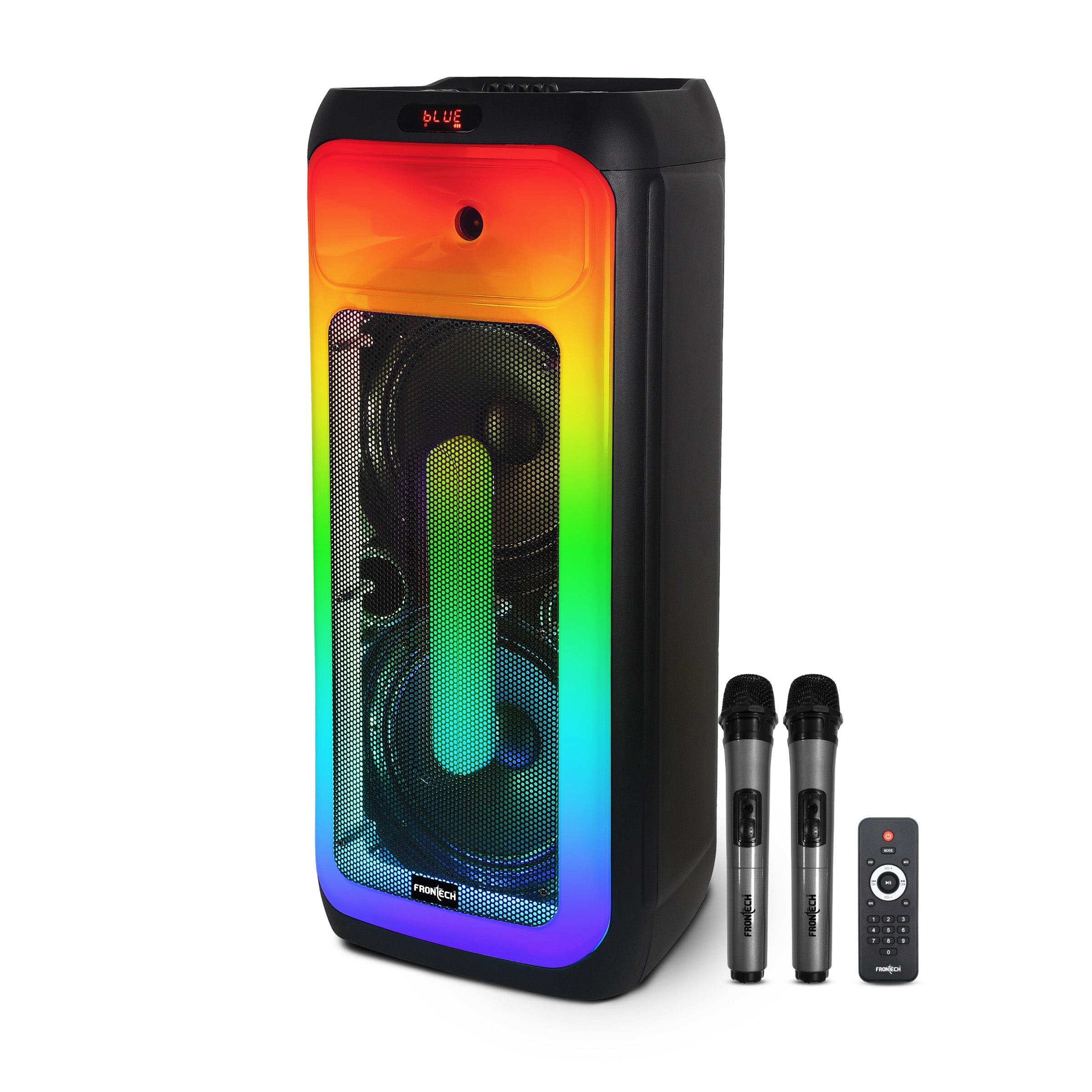 Frontech Smash Pro-244 Trolley Speaker | 120W | Dual 10″ Drivers | RGB | BT 5.1 & TWS | FM/USB | Wireless Mics (SW-0244)