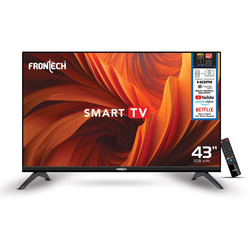 Frontech 43" Ultra Slim LED Smart TV | 1920x1080p Resolution | 2×10W Sound | 1GB RAM, 8GB ROM | 2 USB, 2 HDMI, AV | Voice & IR Remote | 300 Nits Brightness | Wall Mount | AOSP OS-(No Installation)