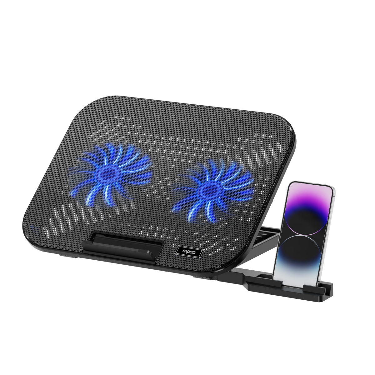Rapoo CF200 Laptop Cooling Pad with Dual Silent Fans | 6-Level Adjustable Stand | Ergonomic Design | Built-in Phone Stand | for Laptops up to 14 Inches (Grey) | 1 Year Warranty