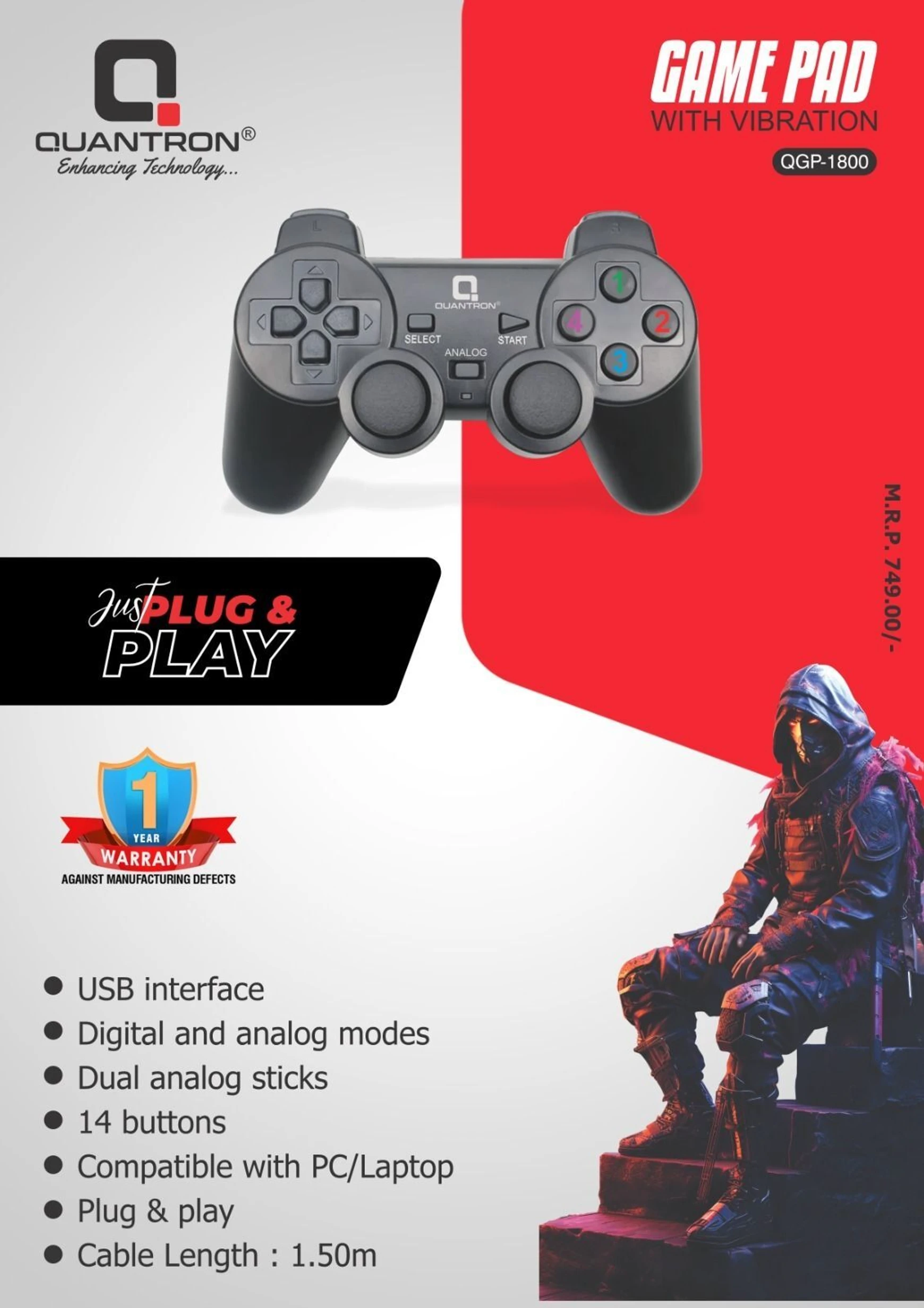 Quantron QGP-1800 Wired USB Gamepad (Black, PC Compatible)