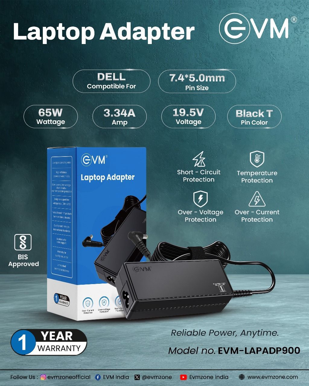 Laptop Adapter EVM LAPADP904 (DELL black T pin Big pin Laptop Compatible)