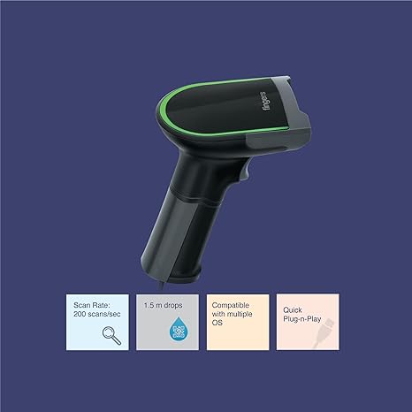 FINGERS 2D-QuickScan W9 USB Wired Barcode Scanner (Reads 1D/2D Codes | Scan Rate: 200 scans/sec | Quick Scan & CMOS Image Technology | Ergonomic Design with U-Shaped LED Indicator)