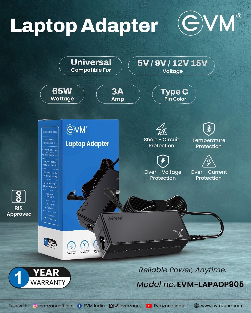 Laptop Adapter EVM LAPADP905 (Type c pin ) Type C Pin Compatible with acer, Toshiba, asus, dell, hp,