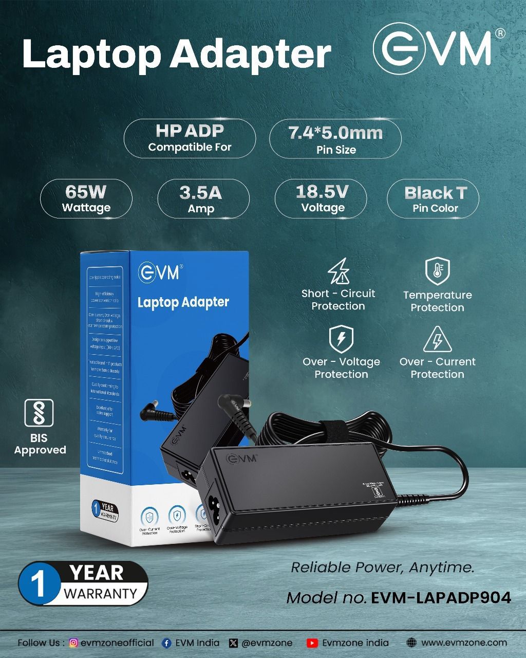 Laptop Adapter EVM LAPADP904 (hp black T pin big pin Laptop  Compatible)