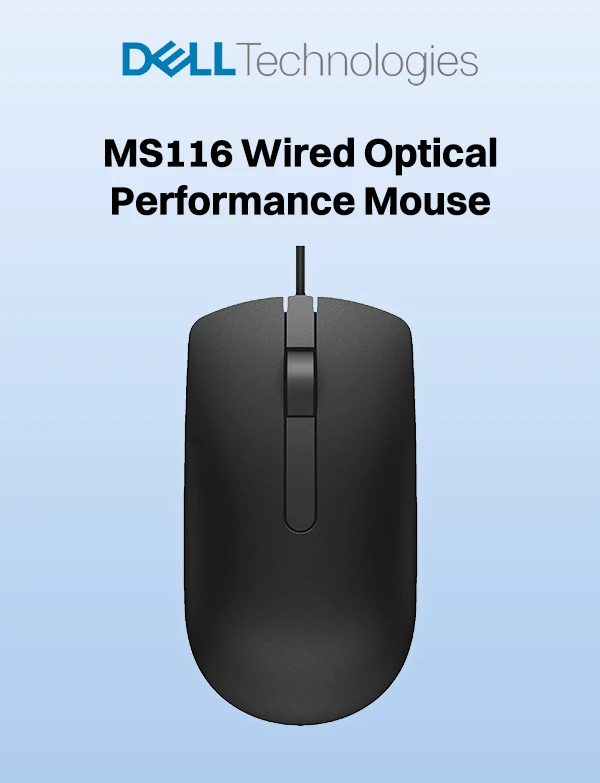 Dell MS116 Wired Optical Mouse - High Precision 1000DPI Sensor, USB Connectivity, Ergonomic Ambidextrous Design, Smooth Scrolling, Ideal for Office & Home Use - Black